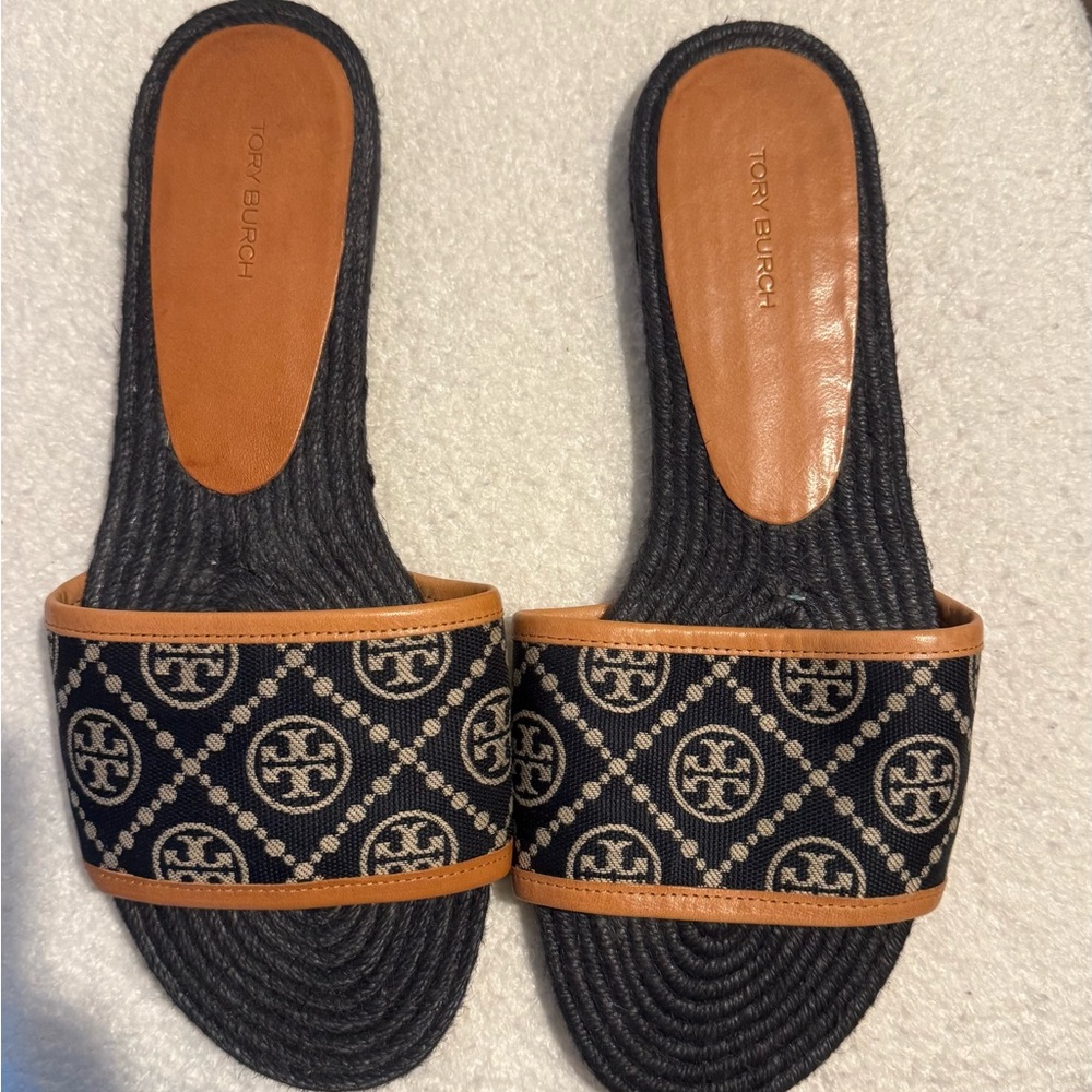 Tory Burch Black and Brown Patterned Slides